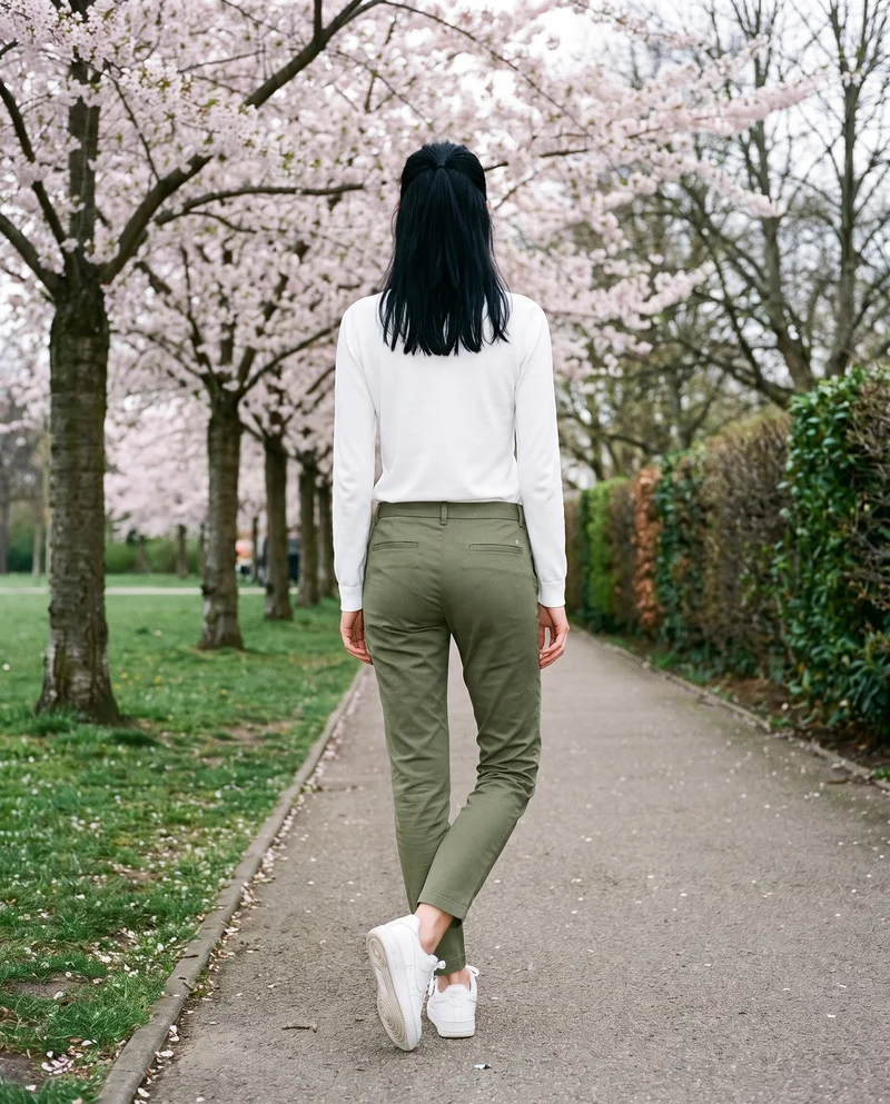A 20-year-old Slavic woman wears women's olive tapered chinos in a full-body rear view, standing with her ankles crossed. A Cherry Blossom Park backdrop frames the composition.