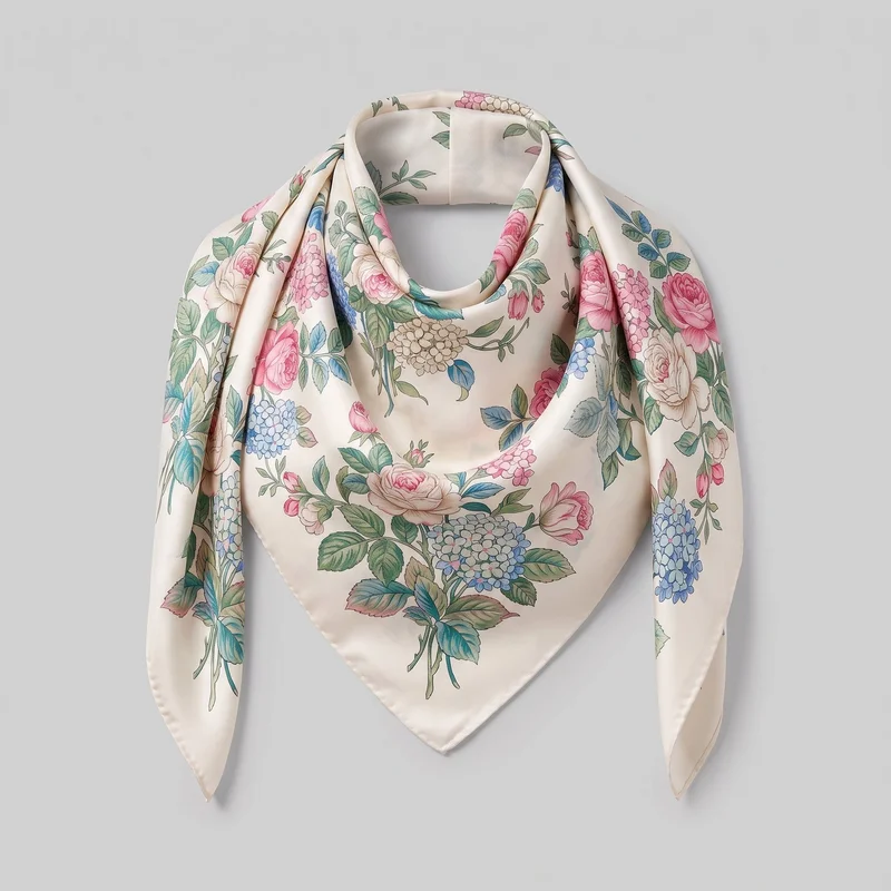 A square women's silk scarf is arranged in a looped drape, with pointed hanging corners and a central triangular front point. Its surface features an all-over botanical print of leafy stems, rose-like blooms, clustered blossoms, and larger bouquet motifs, finished with a narrow stitched or rolled edge.
