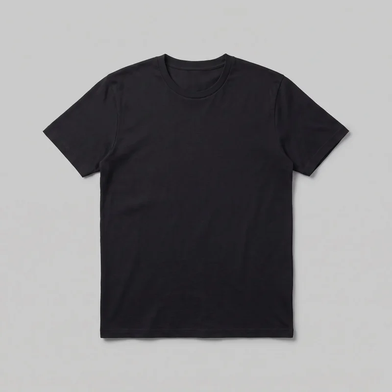 A plain black short-sleeve T-shirt is laid flat and shown from the front with its full outline visible. It has a regular straight silhouette, crew neckline with a ribbed neckband, set-in sleeves, visible shoulder and armhole seams, stitched sleeve openings, and a straight stitched bottom hem. No closures, pockets, logos, prints, patches, embroidery, or embellishments are visible.