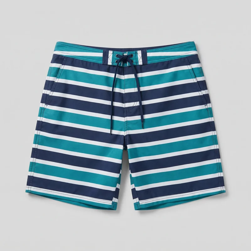 Mostly complete front view of striped board shorts laid flat against a backdrop. The relaxed-fit shorts have a flat mid-rise waistband, a centered lace-up closure with metal grommets and dangling cord ends, angled hip pocket openings, vertical side seam panels, straight legs, and stitched hems. Alternating wide and narrow horizontal stripes run across the waistband and legs.