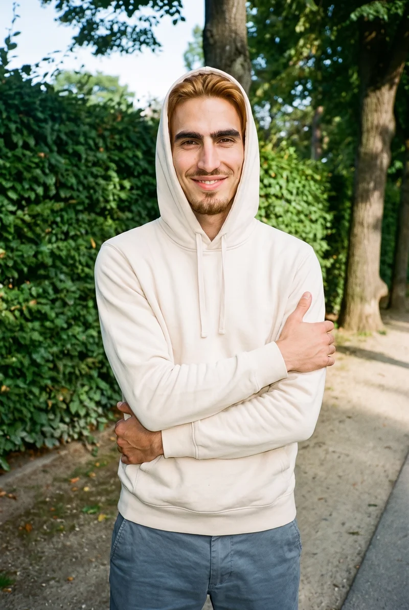 A 25-year-old Caucasian man is shown from the front in an upper-body view, smiling and holding himself in a self-hug pose while wearing a cream pullover hoodie. A park pathway forms the backdrop.