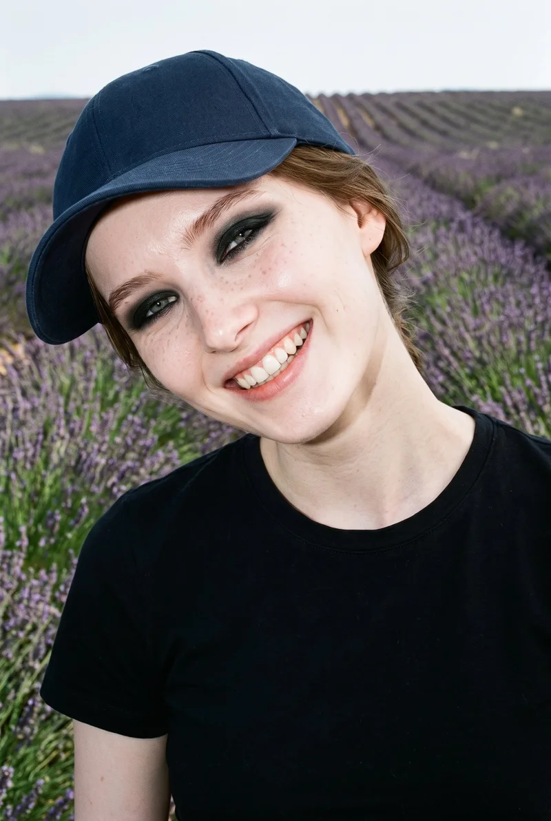 A 19-year-old Slavic woman is shown in a front-facing bust view wearing a women's navy cotton baseball cap. Her head is tilted and she is grinning, with a lavender field backdrop behind her.
