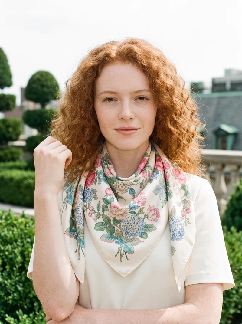 Women's Floral Print Silk Scarf, Bust at Front, Clean Catalog lighting