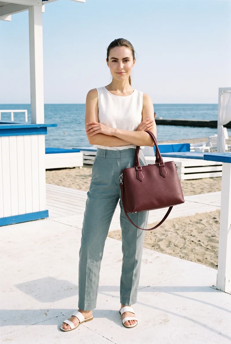A 29-year-old Caucasian woman is shown full body from the front with a burgundy shoulder bag. She stands with her arms crossed and a natural facial expression against a Greek island beach club backdrop.