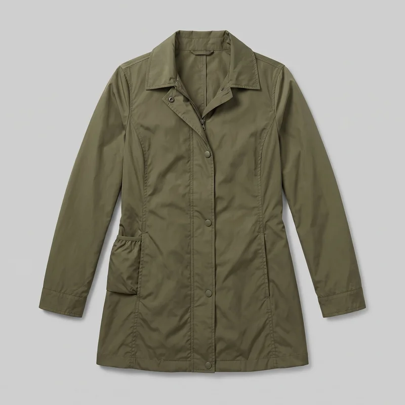 A women's olive mid-length raincoat is shown laid flat in a mostly complete front view against a backdrop. It has a slightly tailored silhouette, a straight hem, a structured pointed collar, long sleeves with stitched cuff bands, and an overlapping front placket with a visible zipper and round snap-button closures. Shoulder seam panels, vertical front seams, topstitching, and lower hip patch pockets are visible.