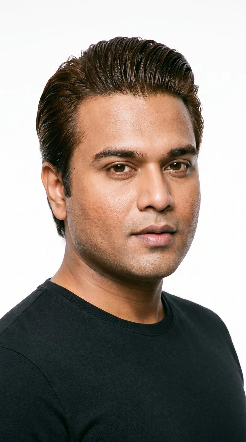 A 37-year-old Indian man with medium-brown skin and a neutral undertone. His round face has soft, full contours with gentle curves and few angles. He has thick eyebrows, very dark near-black eyes, and full lips. His dark-brown hair is styled close to the head with a glossy, freshly wet finish, and his face is clean-shaven with no facial hair.