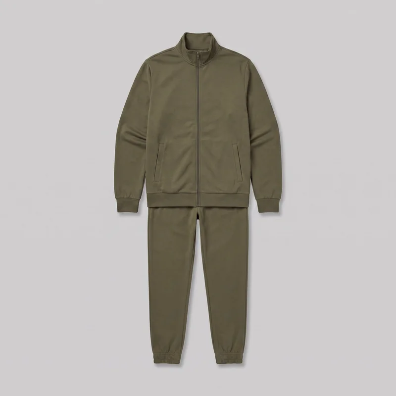 A matching olive two-piece tracksuit set is shown in a complete front view, laid flat or ghost-displayed. It includes a hip-length full-zip jacket with a high stand collar, long sleeves, ribbed cuffs and hem, and two low vertical welt pockets, paired with full-length tapered jogger pants featuring center front leg seams and gathered elastic ankle cuffs.