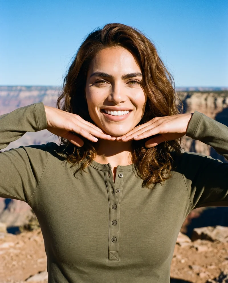 Women's Olive Long-Sleeve Henley Top, Bust at Three-quarter, Flash Editorial lighting