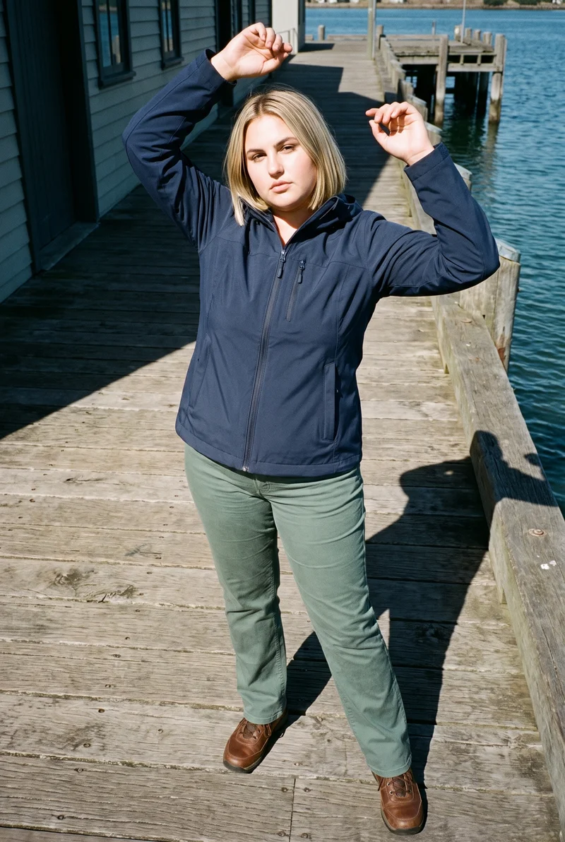 A 21-year-old Caucasian woman wears a navy rain-shell jacket, shown full body from a front three-quarter angle with her arms overhead and a neutral expression. The Nantucket Wharf forms the backdrop.