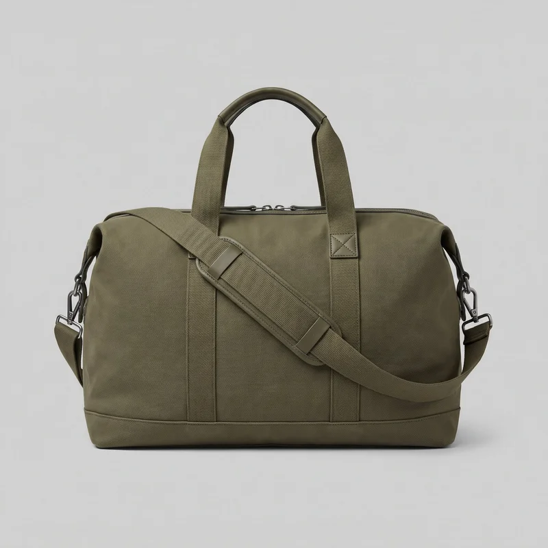 Olive soft-structured duffle holdall shown in a standalone front view. The bag has a horizontal rectangular body with rounded top corners, a flat reinforced base, two wide webbing handles with a padded wrap-style grip, a top zip with two visible pulls, and a removable shoulder strap clipped at both sides and crossing the front. Vertical stitched handle straps, square reinforcement patches, bound piping, and side hardware are visible; no exterior pockets, logos, prints, or embellishments are shown.