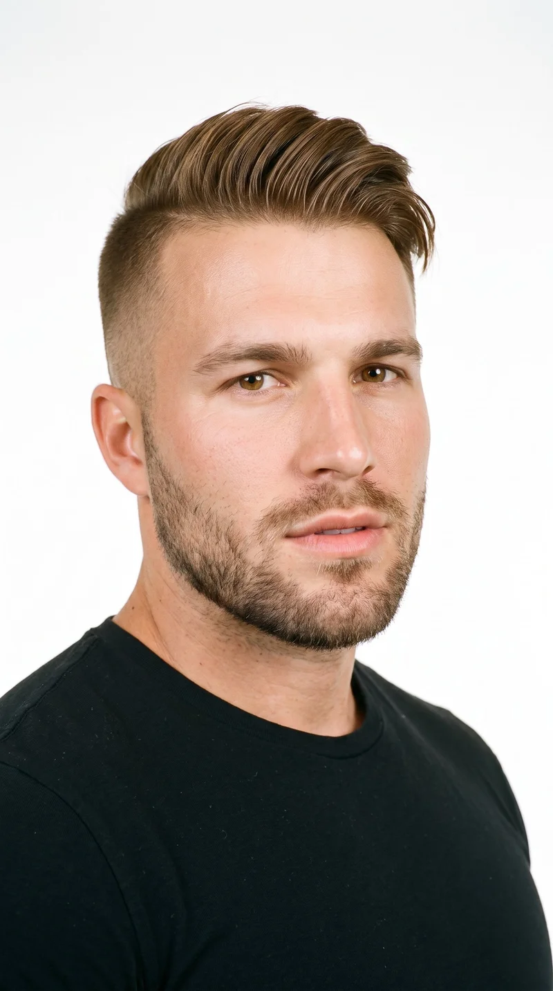 A 26-year-old Caucasian man with lightly tanned, cool-undertoned skin and a triangular face shape: a wide jaw narrows toward the forehead, emphasizing the lower face. He has thick eyebrows, brown eyes, and thin lips. His light-brown hair is styled in an undercut, with longer hair on top and markedly shorter sides and back. Short, even three-day beard growth covers his face with a clearly visible, closely groomed texture.