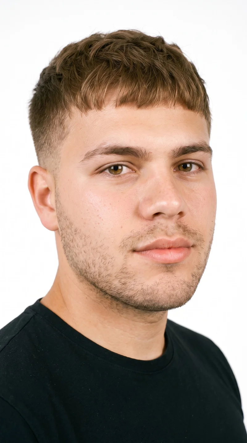 This 21-year-old Hispanic man has a medium skin tone with an olive-green undertone. His face is round, with soft, full contours, gentle curves, and few angles. He has medium-thickness eyebrows, hazel eyes with green-gold flecks, and full lips. His dark-blonde hair is styled in a French crop with short sides and a short, blunt fringe. Very short facial-hair growth creates a faint, even shadow across the beard area.