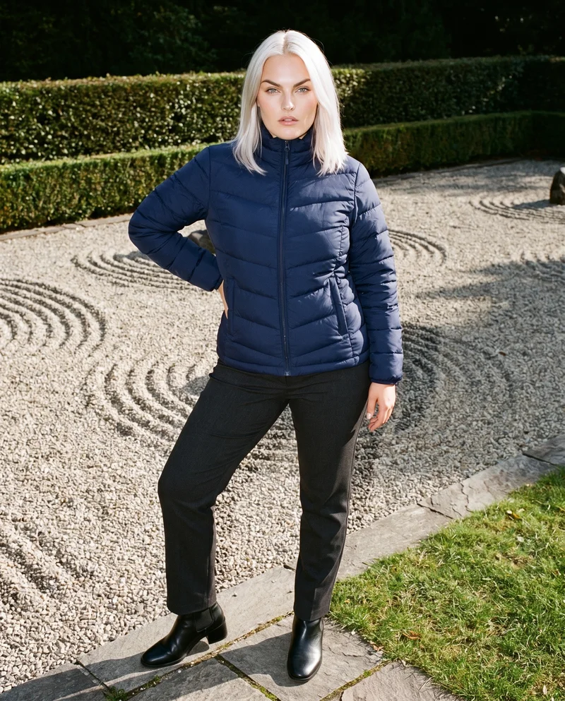 A 23-year-old Caucasian woman wears a women's navy insulated down jacket in a full-body front three-quarter view. One hand rests on her lower back, and she has a serious expression. A Zen rock garden forms the backdrop.