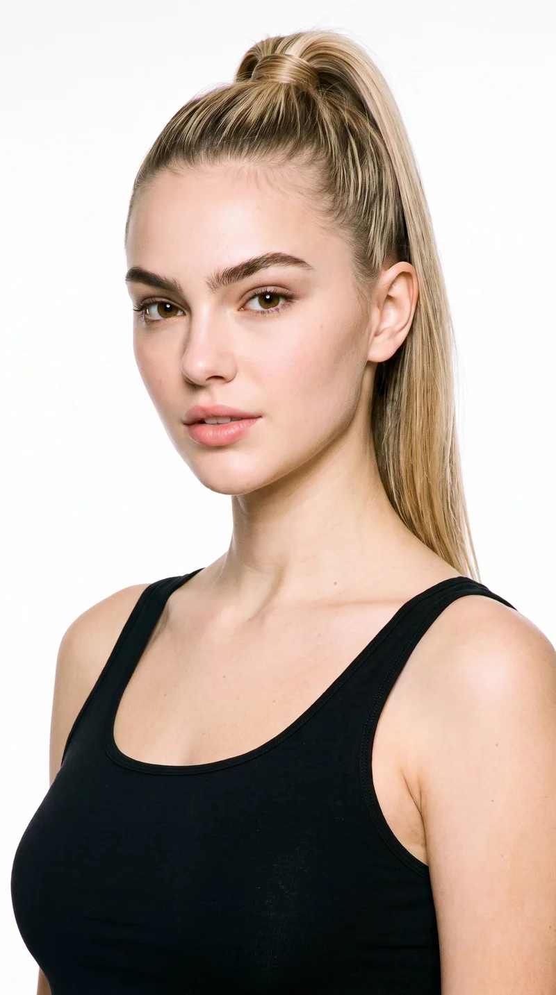 An 18-year-old Caucasian woman with fair skin and a warm golden undertone has a heart-shaped face, with a wider forehead narrowing to a more pointed chin. She has thick eyebrows, brown eyes, and full lips. Her mid-tone blonde hair is pulled into a high ponytail on the crown.