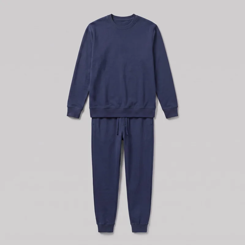 A complete navy two-piece loungewear set is laid flat from the front, showing a crewneck sweatshirt overlapping the upper waistband of matching joggers. The sweatshirt has long sleeves, ribbed cuffs, and a ribbed bottom hem. The joggers feature a visible front drawstring, two vertical side pockets, tapered full-length legs, and ribbed ankle cuffs.
