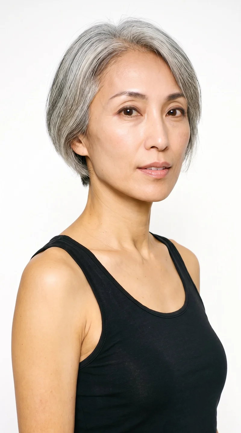 This 37-year-old Japanese woman has a light tan, fair complexion with warm yellow undertones and refined, elongated facial features. Her aristocratic face shape is defined by high cheekbones. She has thin eyebrows, very dark near-black eyes, and full lips. Her gray hair is cut short and even.