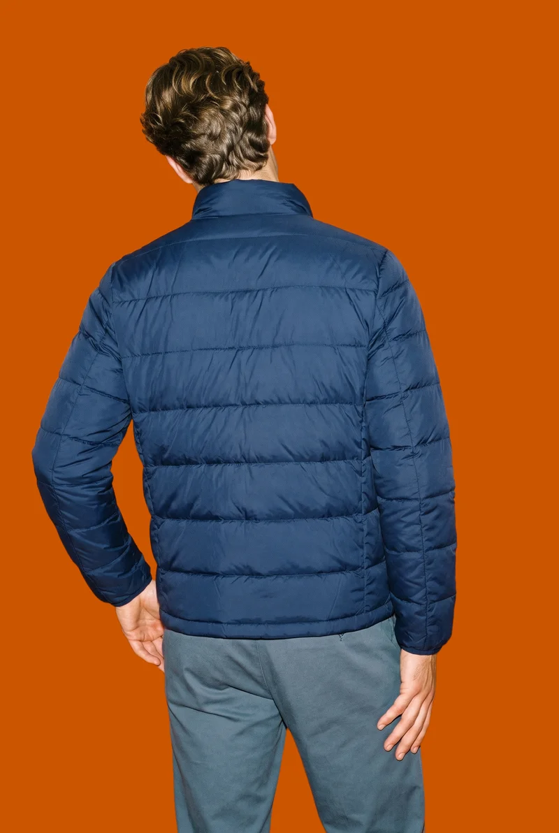 Men's Navy Insulated Down Jacket, Three-quarter length at Back, Studio Cutout lighting