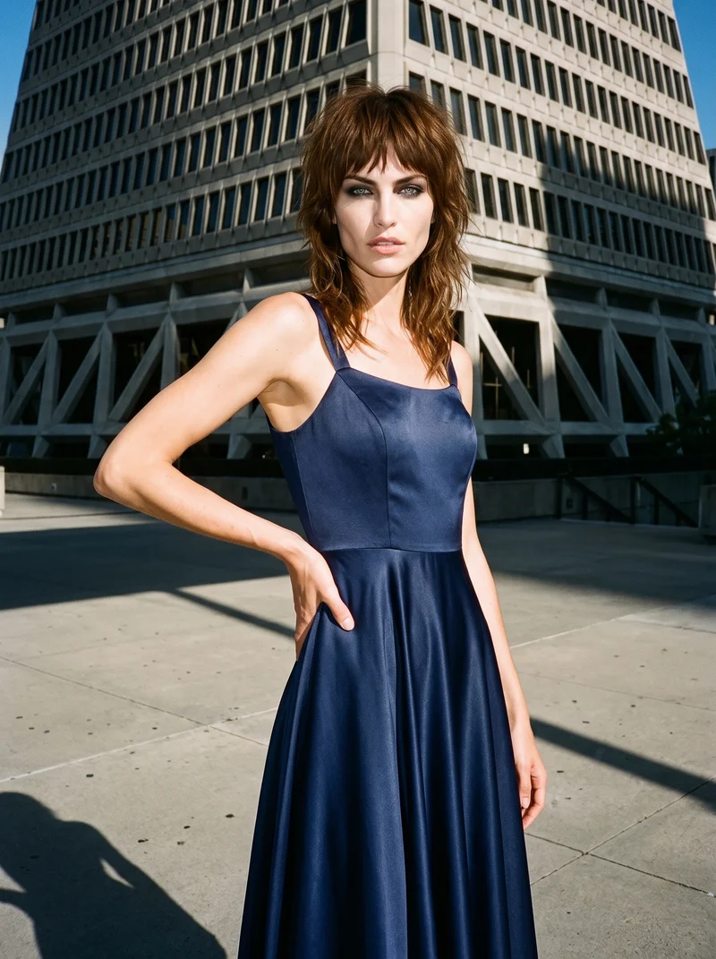A 28-year-old Caucasian woman wears a navy satin evening gown in a three-quarter-length view from a front three-quarter angle. She poses with one hand on her waist and a neutral facial expression. A low-angle pyramid building serves as the backdrop.