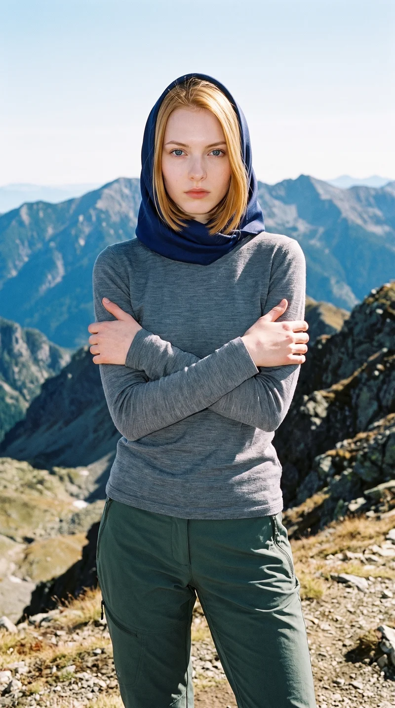 Women's Navy Silk Scarf, Three-quarter length at Front, Flash Editorial lighting