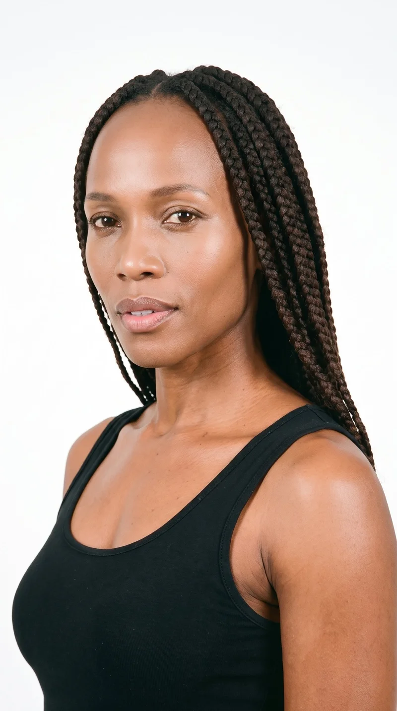 A 40-year-old African woman with copper-brown skin and a cool undertone. Her face is long, with more length than width, a tall forehead, and elongated cheeks. She has medium-thickness eyebrows, medium lips, and brown eyes. Her dark-brown hair is styled in long individual box braids formed from square sections.