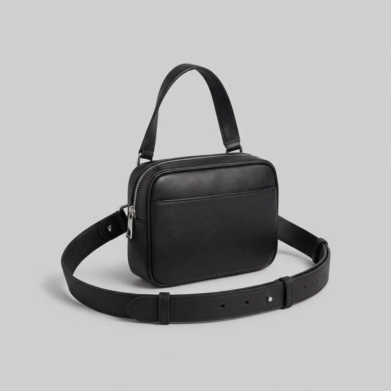 A structured black belt bag is shown alone in a three-quarter view. The compact rectangular pouch has rounded corners, piped edges, a flat front pocket panel with a horizontal upper seam, and a zip-around top closure with visible metal teeth and pull tabs. An arched grab handle attaches at the upper sides with metal ring hardware, while an adjustable waist belt loops behind the pouch with stitched edges, punched adjustment holes, a keeper loop, and metal studs.
