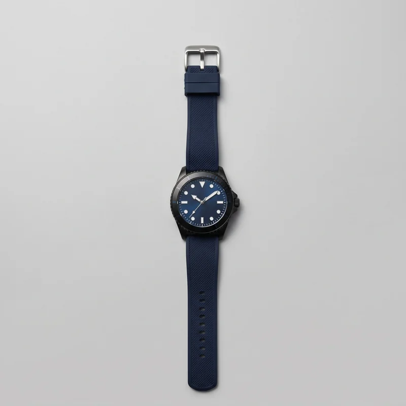 A men's navy rubber-strap sports watch lies flat vertically against a backdrop. Viewed from above, the full round case, raised bezel, side crown, analog dial, textured strap, prong buckle, two keeper loops, and adjustment holes are visible. The dial has mixed geometric hour markers, minute ticks around the edge, two main hands, and a thin seconds hand.