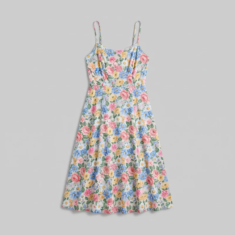 A mostly complete standalone view of a women's sleeveless floral print sundress, shown from its narrow spaghetti straps to the straight hem. The dress has a scoop neckline, tailored bodice with softly shaped bust seams, a defined horizontal waist seam, and a flared A-line skirt with vertical volume folds reaching below the knee or midi length. The botanical floral print covers the straps, bodice, and skirt, with no visible logos or embellishments.