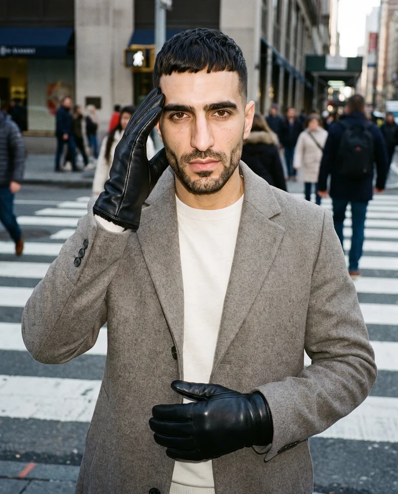 A 42-year-old Arab man is shown from the upper body in front view wearing black fleece-lined leather gloves, with one hand raised to his temple and a neutral expression. A crosswalk intersection appears as the backdrop.