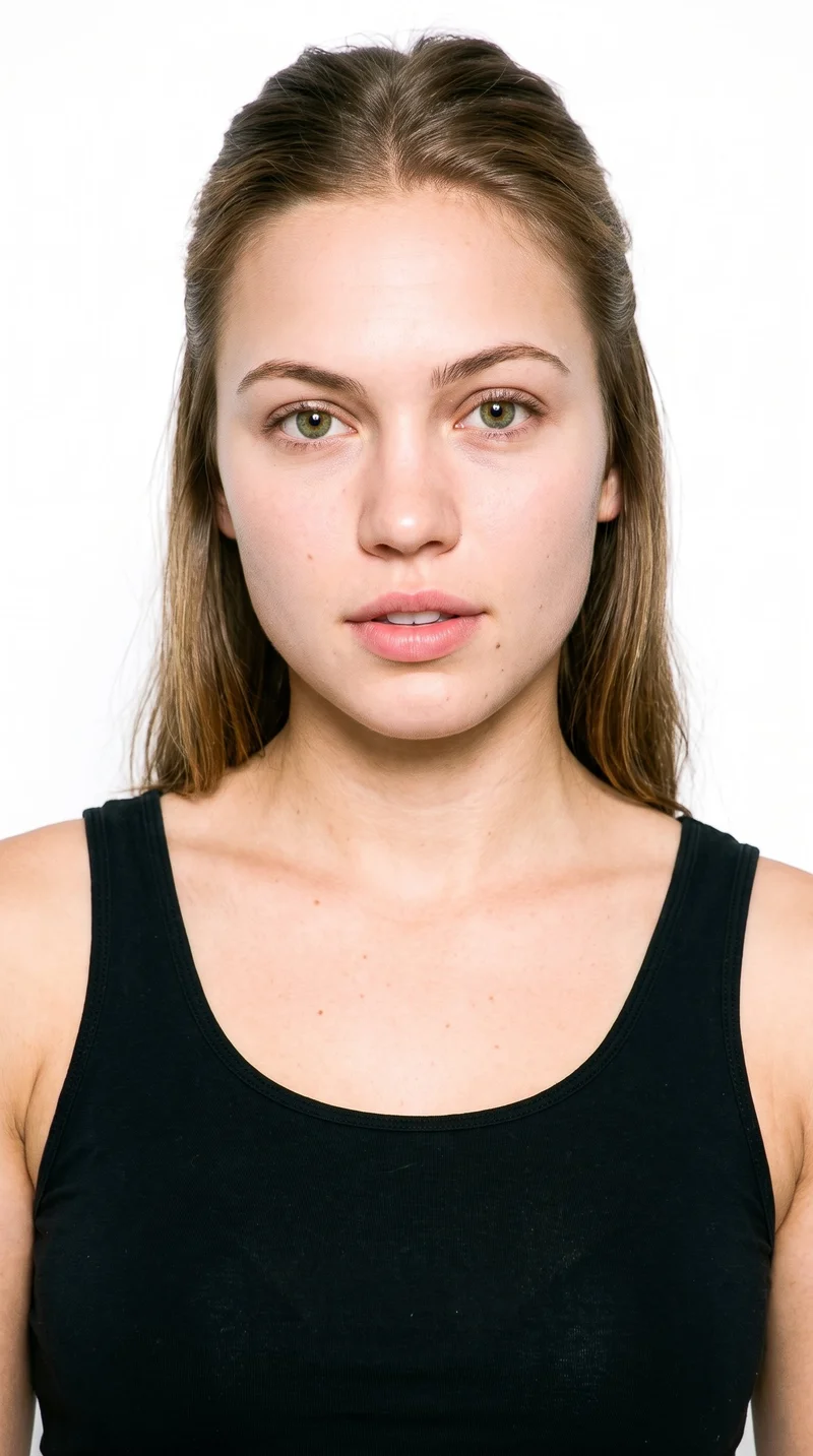 A 21-year-old Caucasian woman with fair skin and a cool undertone has a round face with soft, full contours and few angles. She has thin eyebrows, green eyes, and full lips. Her light-brown hair is styled half up and half down, with the upper section pulled back and the lower lengths hanging loose.