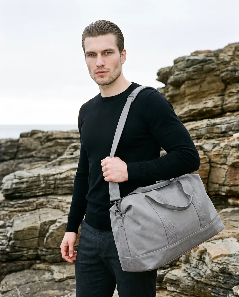 Grey Weekend Bag, Three-quarter length at Angled front, Natural E-Commerce lighting
