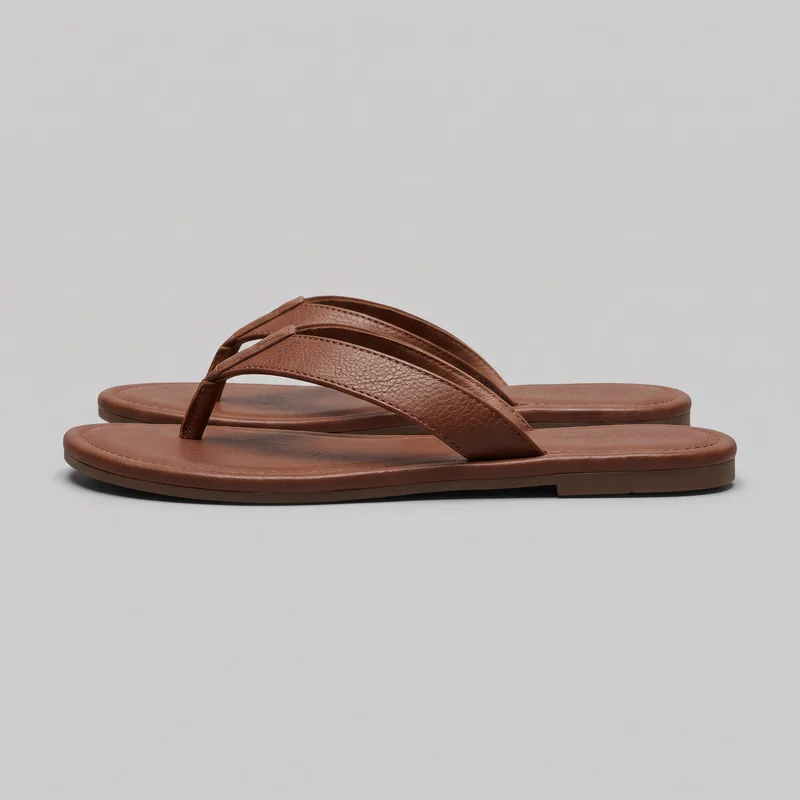 A pair of brown flat thong slide sandals is shown in a side-angled standalone view, with one sandal overlapping the other. The sandals have open toe and heel areas, rounded rectangular footbeds, central toe posts, broad padded diagonal straps with visible topstitching and raised edge binding, low soles with a slight heel lift, and a small section of tread visible near one heel.
