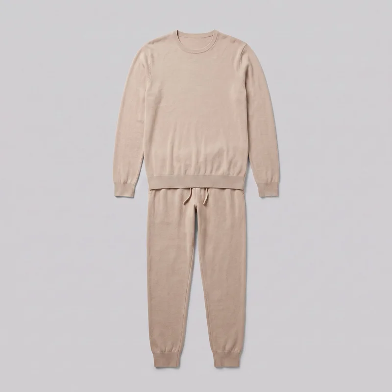 A complete flat-lay view of a men's beige knit loungewear set, with a crewneck pullover positioned above matching jogger pants. The pullover has long sleeves, ribbed cuffs, a wide ribbed bottom hem, visible shoulder seams, and a plain front. The jogger pants have full-length tapered legs, an elasticated waistband with visible center-front drawstring ties, and ribbed ankle cuffs.