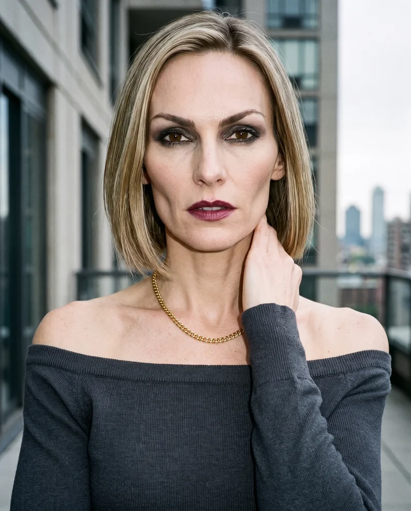 A 44-year-old Caucasian woman is shown in a front-facing bust view wearing a women's gold chain necklace. One hand rests on her neck, and the Penthouse Terrace serves as the backdrop.
