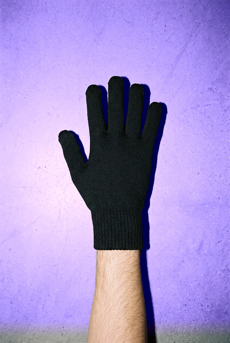 Men's Black Wool Gloves, Hand and wrist at Top, Flash Editorial lighting