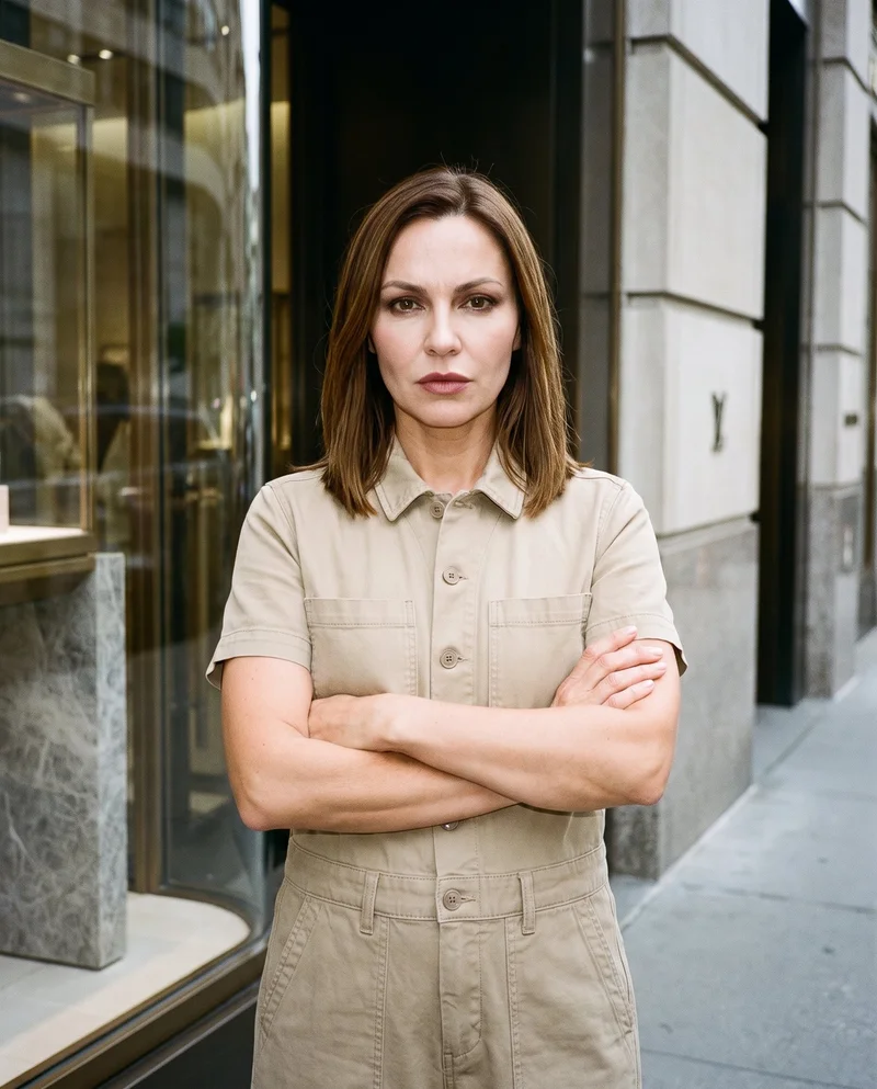 A 43-year-old Slavic woman wears a khaki utility jumpsuit in an upper-body, front-view composition. Her arms are crossed and she has a serious expression, with a luxury boulevard storefront backdrop.