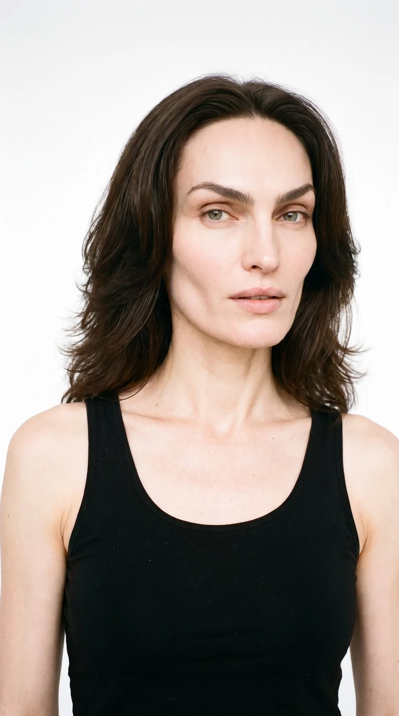 A 38-year-old Slavic woman with pale skin and a peach undertone has an angular face defined by sharp cheekbones and a structured jaw. Her medium-thickness eyebrows frame blue eyes with a cool undertone, and she has thin lips. Her dark-brown hair is styled in a voluminous nineties blowout, with layered strands blown outward and fullness at the crown and sides.