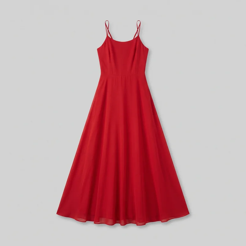 Red chiffon women's maxi dress shown in a mostly complete front view against a simple backdrop. The dress has a fitted bodice with a scoop neckline, narrow spaghetti straps with visible adjuster hardware, low-cut arm openings, vertical shaping seams, and a horizontal waist seam. Its full A-line skirt falls to a softly curved floor-length hem with gentle vertical folds and a narrow finished edge.