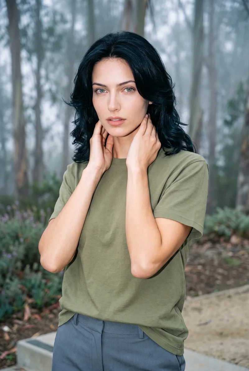A 21-year-old Caucasian woman wears a women's olive oversized T-shirt, shown in an upper-body front three-quarter view with her hands on her neck and a confident expression. The eucalyptus fog park grove appears as the backdrop.
