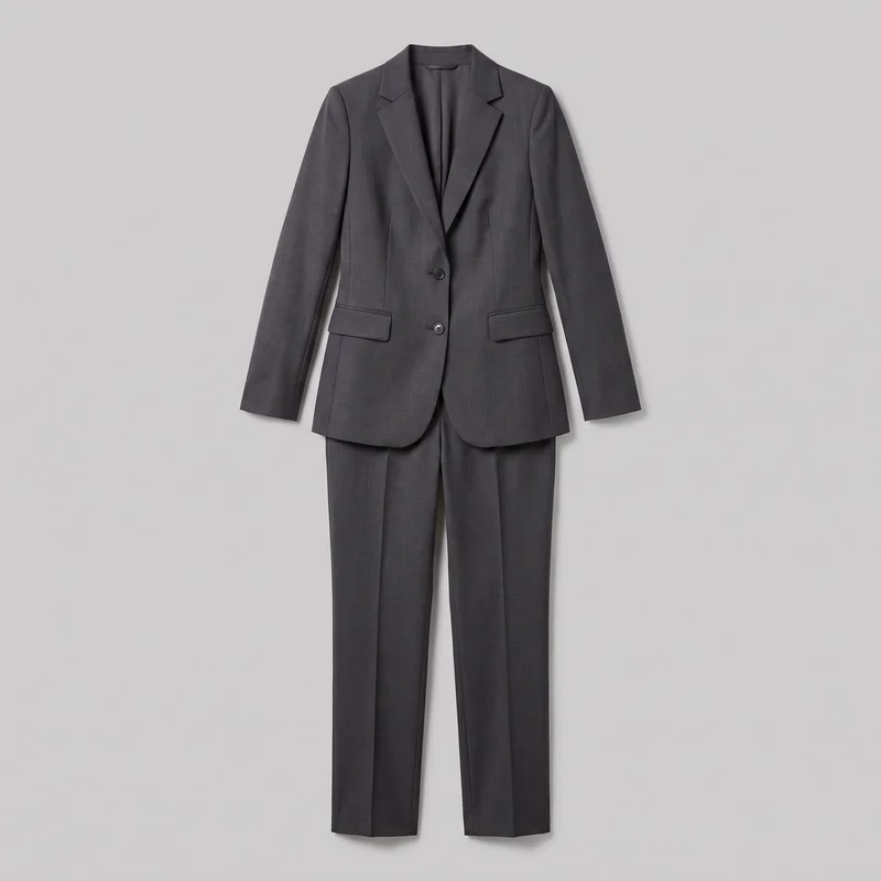 A complete front view of a women's charcoal grey two-piece pantsuit, with a structured, hip-length single-breasted blazer layered over matching full-length straight-leg trousers. The blazer has set-in shoulders, long straight sleeves, notched lapels, a V-shaped open neckline, two visible front buttons, waist flap pockets, front shaping seams, and a curved front hem. The trousers have pressed front creases and plain hems; no logos, prints, patches, embroidery, or embellishments are visible.