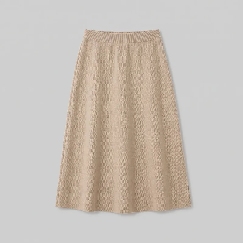 A beige knit midi skirt is laid flat in a complete standalone view. It has a high, wide vertically ribbed waistband and a regular-fit A-line body that widens toward a broad, slightly wavy hem. The skirt has a fine allover textured knit surface with subtle vertical fall lines and clean side edges; no closures, pockets, logos, prints, embroidery, or embellishments are visible.