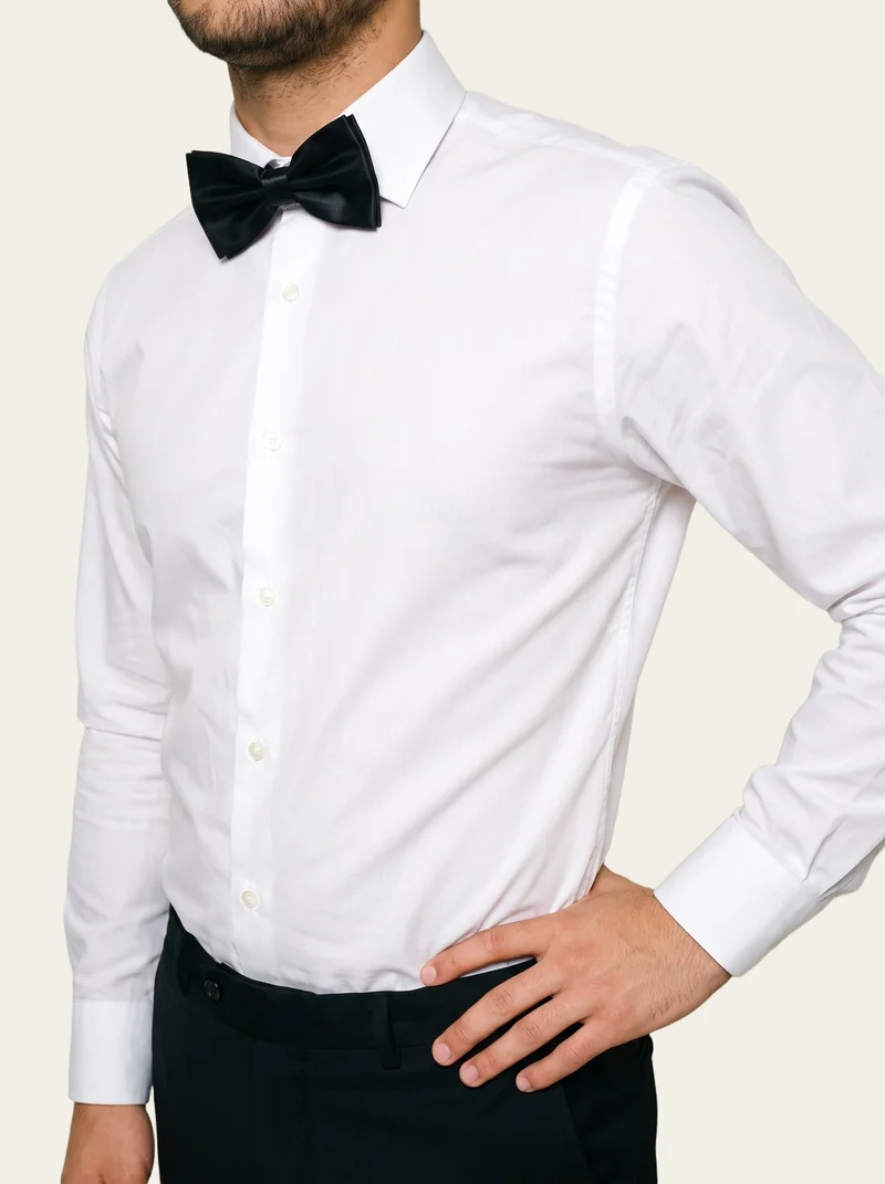 Black Satin Bow Tie, Torso at Angled front, Studio Cutout lighting