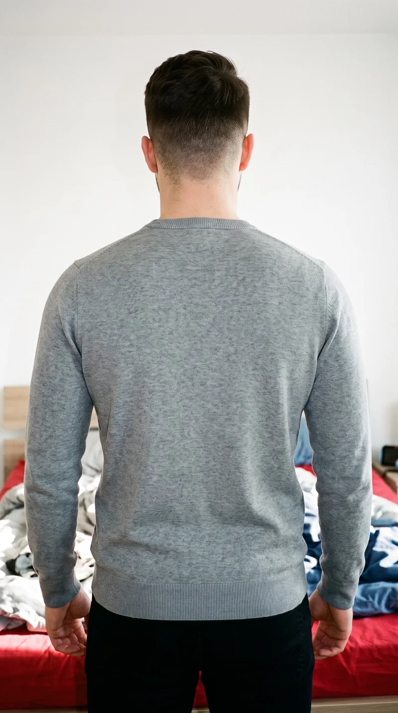 A 20-year-old Caucasian man is shown from behind in an upper-body view, wearing a grey crewneck pullover jumper with his arms relaxed. A bedroom backdrop is visible.