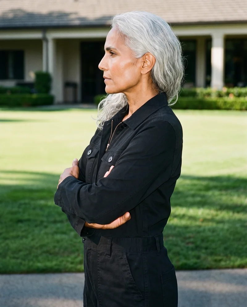 A 53-year-old Hispanic woman is shown from the upper body in side view wearing a black boilersuit and holding her elbow. Her expression is natural, with a country club backdrop.