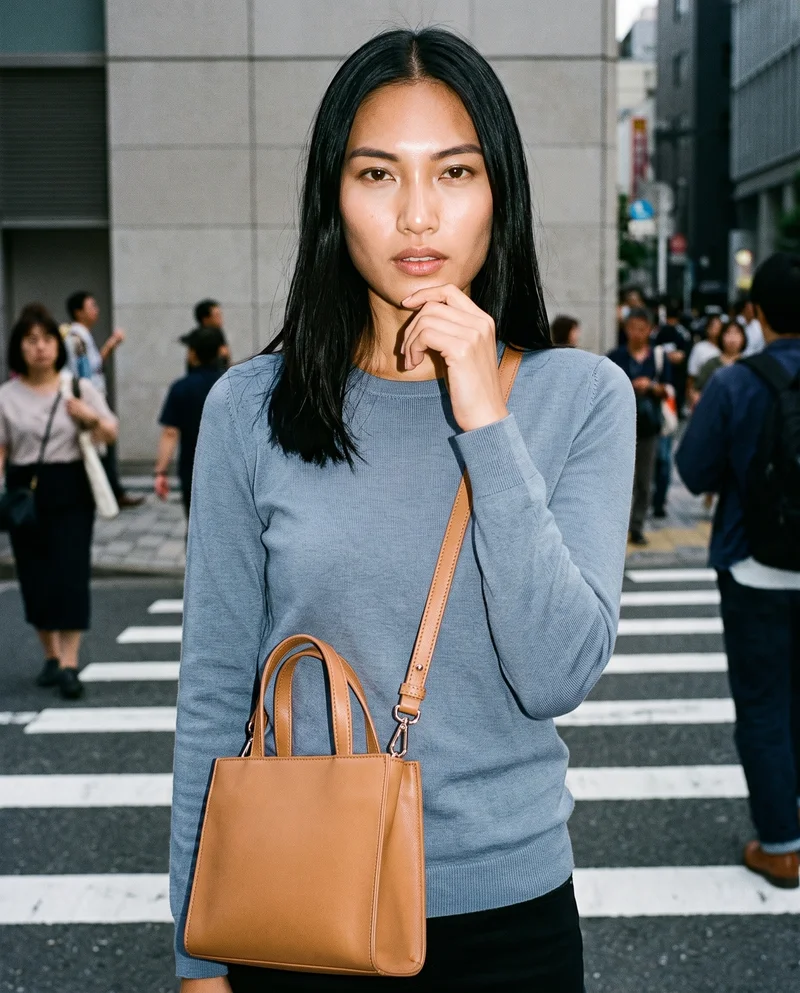 A 24-year-old Southeast Asian woman is shown from the upper body in front view, wearing a tan crossbody bag. Her hand is positioned at her chin and her expression is natural. A crosswalk intersection forms the backdrop.
