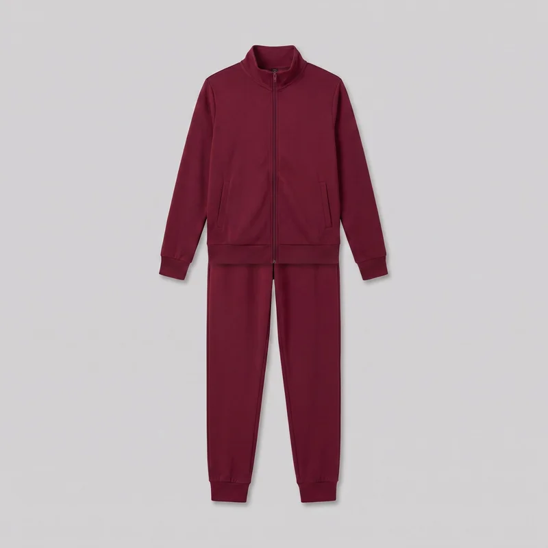 A complete burgundy tracksuit set is arranged as a standalone product view, showing a regular-fit zip-front jacket with a stand collar, full-length center zipper, long sleeves, ribbed cuffs, a ribbed straight hem band, and two low vertical welt pockets. Matching full-length jogger pants have a straight-to-tapered silhouette and ribbed ankle cuffs; the upper waistband is mostly covered by the jacket. No logos, prints, patches, embroidery, or embellishments are visible.