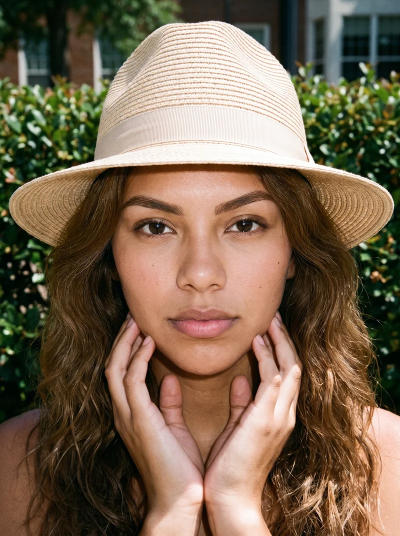 Women's Beige Straw Fedora, Head at Front, Flash Editorial lighting