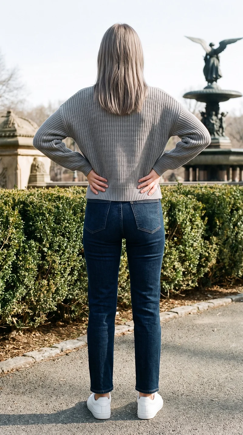 A 20-year-old Slavic woman wears a women's grey knit cardigan in a full-body rear view, standing with her hands on her hips. A park terrace fountain forms the backdrop.