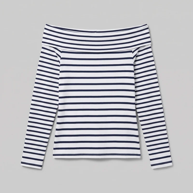 A mostly complete standalone view of a women's off-the-shoulder long-sleeve top with a slim, body-skimming silhouette and straight hem. The folded Bardot neckline band sits across the shoulders, while narrow full-length sleeves end in stitched cuffs. Horizontal stripes cover the torso, sleeves, neckline band, cuffs, and hem, with clean seam detailing and no visible pockets, closures, logos, or embellishments.