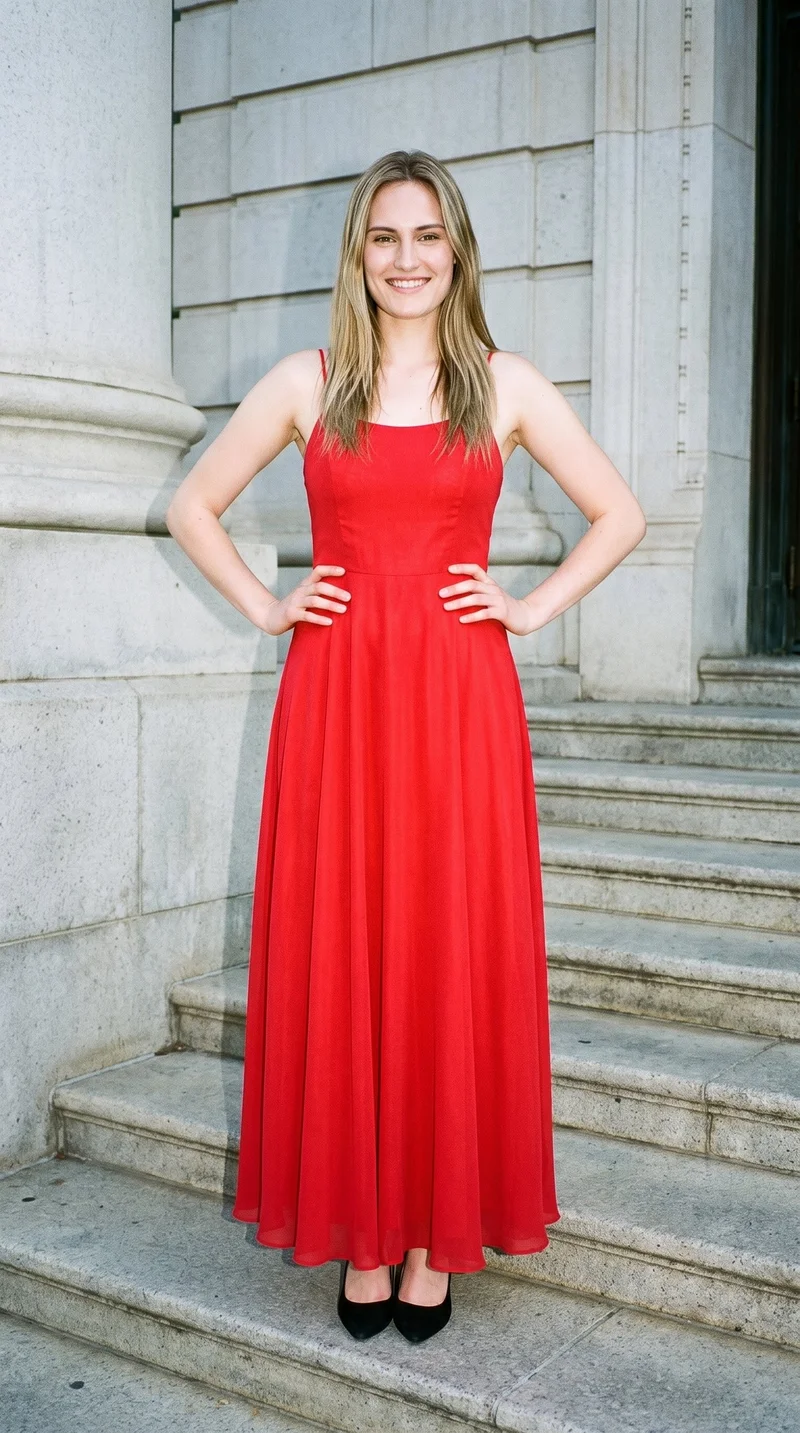A 22-year-old Caucasian woman wears a red chiffon maxi dress in a full-body front view, standing with her hands on her hips and a natural facial expression. Courthouse steps form the backdrop.