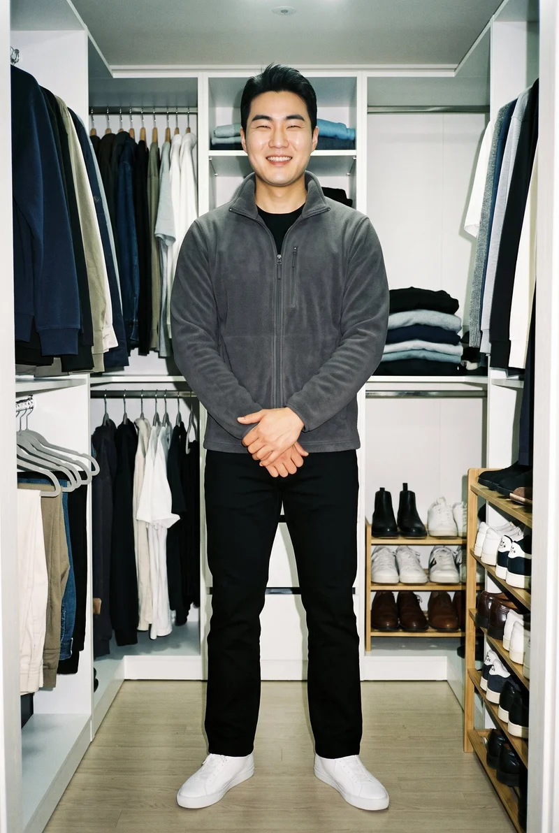 A 34-year-old Korean man wears a grey fleece jacket in a full-body front view, standing with his hands in front and a natural expression. A walk-in closet serves as the backdrop.